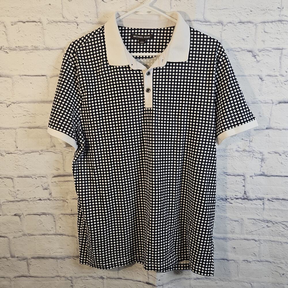 Michael Kors Polo Shirt Blue White Polka Dot Collared Short Sleeve Large